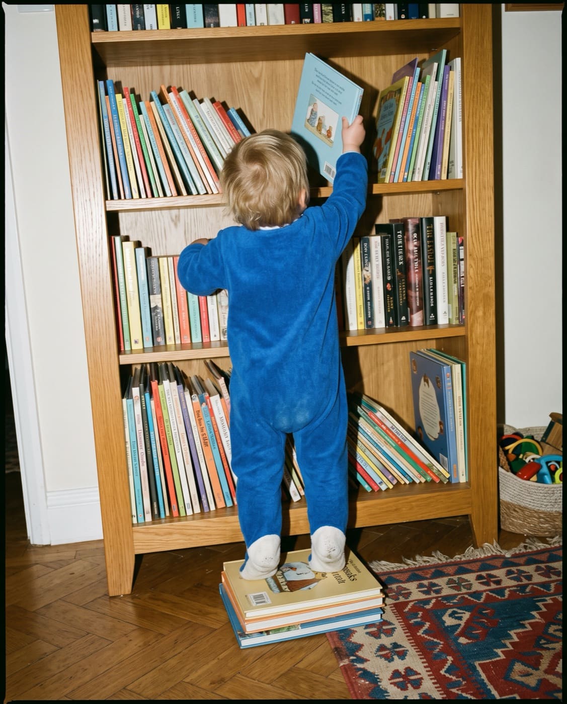 A toddler reaching for a book on a bookshelf