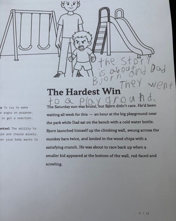 A printed nopad reading exercise, 'The Hardest Win', with a child's handwritten summary